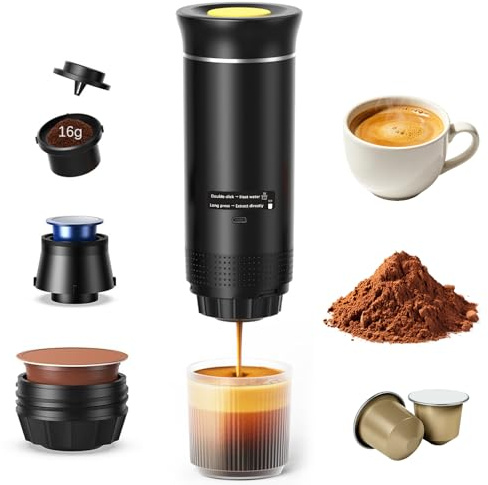 3-in-1 Akku Kaffeepadmaschine, Tragbare Kaffeemaschine, Auto Espressomaschine mit Digitalanzeige, Kompatibel Kapseln und gemahlenem Kaffee, 5-Minuten Schnellheizung für Camping Wohnmobil und Outdoor