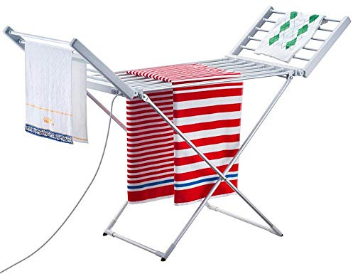 BAKAJI Stendibiancheria Elettrico Potenza 220W Stendino Asciugabiancheria Riscaldante Pieghevole con 20 Barre Stendi Biancheria Panni in Alluminio (148 x 53 x 90 cm)
