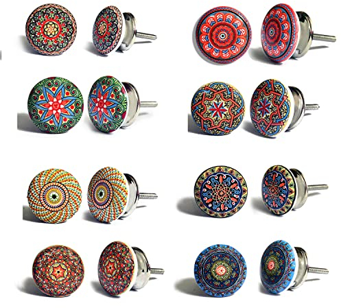 Set von 10 Keramikknöpfen mit verschiedenen floralen Vintage-Motiven, handbemalt. Handgefertigte Knäufe für Schränke, Schubladen, Kommoden und Kleiderbügel. Klassische Knöpfe mit 40 mm Durchmesser.