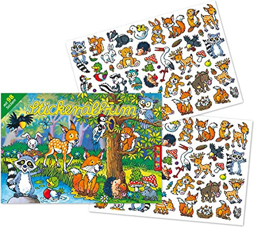 Stickeralbum mit 98 Sticker * Waldtiere * als Geschenk oder zum Basteln | 72026 | Wald Tiere Fuchs REH Igel Eule Kindersticker Aufkleber Stickerbuch für Kinder