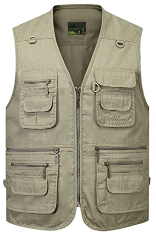 Hwalleum Homme Gilet de Plein air,Durable Coton Veste sans Manches Multipoches pour Hommes, Hommes Respirant Plein Air Chasse Camping Gilets Classique Veste de Sport pour Voyage,Photographie,Pêche