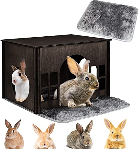 WHEARTED Kanin gömställe i trä, stor livsmiljö för kaniner chinchilla, hamstrar och marsvin, koja att dölja – valnötsfärg