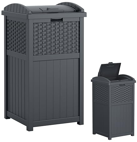 Suncast Poubelle cachée de style osier avec couvercle à verrouillage sécurisé et construction résistante aux intempéries pour terrasse, fabriquée aux États-Unis, 125 L, gris (Cyberspace Grey)