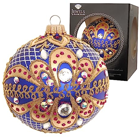 Krebs Glas Lauscha - Weihnachtsdekoration/Christbaumschmuck aus Glas - Weihnachtskugeln - Farbe: Blau - verziert mit Strasssteinen - Größe: 8 cm