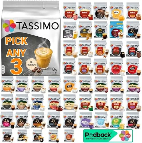 Tassimo Coffee, Tea, Chocolate Pods. Pick Any 3 Packs from 50+ Blends Including Kenco, Costa, L'or, Jacobs, Hot Chocolate, Chai latte, Baileys, Milka, Oreo, Cafe Hag and More.