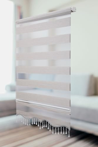 PlisseeOnline Doppelrollo Klemmfix ohne Bohren Grau mit Perlen Duo Rollo für Fenster und Türen Plissee Rollo Gardine 100 x 150 cm Blickdicht Klemmrollo mit Perlen Seitenzugrollo