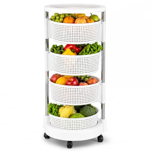 BAKAJI Carrello da Cucina portafrutta con cestelli apribili, Carrellino Portaoggetti Salvaspazio con 4 Ruote Girevoli, Struttura Acciaio e Cesti in plastica, Ideale Cucina, Bagno, (4 Ripiani)
