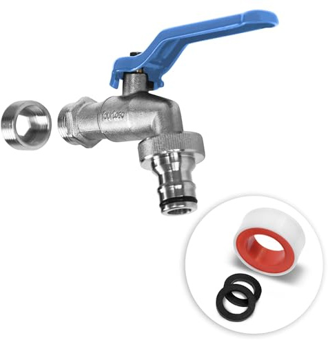 YourCasa Wasserhahn Garten 1/2 Zoll & 3/4 Zoll aus Messing inkl. Schlauchanschlss & Dichtband - Kugelhahn Aussen Frostsicher - Auslaufhahn Regentonne Außenwasserhahn Auslaufventil (Blau Einfach)