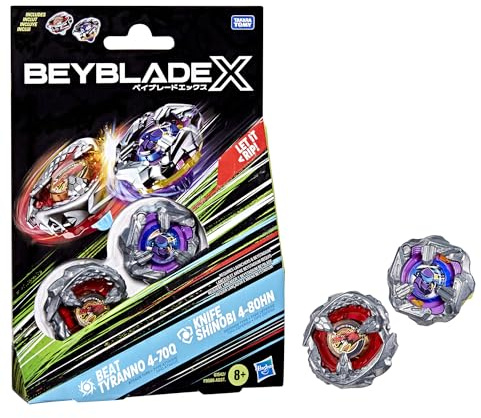Beyblade X Beat Tyranno 4-70Q & Knife Shinobi 4-80HN Dual Pack Set with 2 Right-Spinning Tops; Authentic Takara Tomy Battle Tops; Games/Toys for Boys & Girls 8+