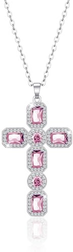 Linawe Collana a croce da donna con catena in argento rosa, ciondolo in cristallo con pietra portafortuna con diamante, catena con pendente a croce
