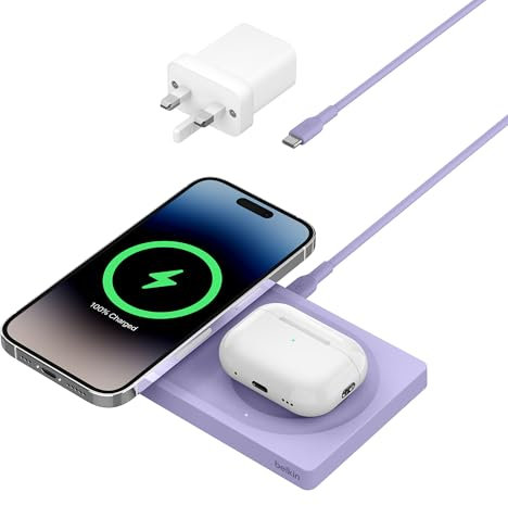 Belkin BoostCharge Pro 2-in-1 MagSafe Charger, Wireless Charging Pad with 15W, iPhone fast charger compatible with iPhone 16, 15, 14, 13, 12 Series, AirPods, and other MagSafe enabled devices - Purple