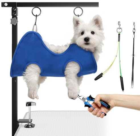 Josmimic Braccio per Toelettatura Pieghevole per Cani con Morsetto – Altezza Regolabile 66–102 cm, Braccio da Tavolo con Amaca e Fermapiedi Anti-Seduta