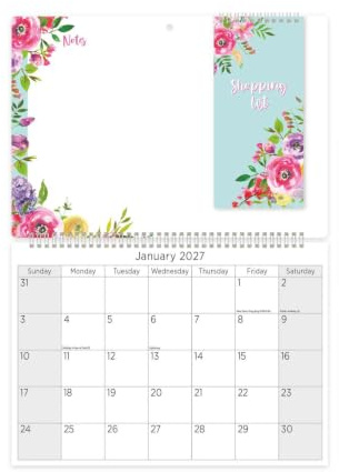 Calendrier mural 2026 avec bloc-notes, liste de courses, motif floral jaune, planificateur mural mensuel et tableau effaçable à sec – Organiseur mural pour la maison, l'école ou le bureau