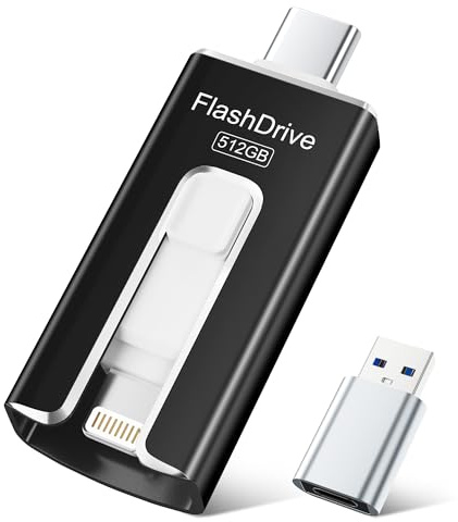 SUDEHO USB Stick 512GB for iPhone, MFi Certified USB-C & Lightning Memory Stick, 3-in-1 USB 3.0 Flash Drive for iPhone/iPad/Android/PC, High-Speed Photo & Video Backup, Easy File Storage, Black