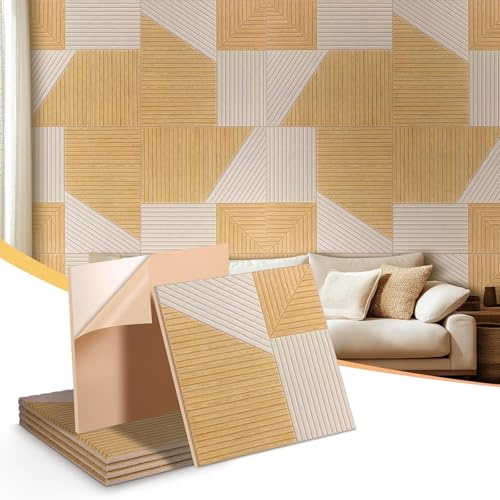 3D Akustikpaneele,60x60cm Selbstklebende Dekorative Schallschutzplatten,Wandpaneele in Holzoptik als Schallabsorber,Wandverkleidung holz für Studio und Zuhause Innenwanddekoration