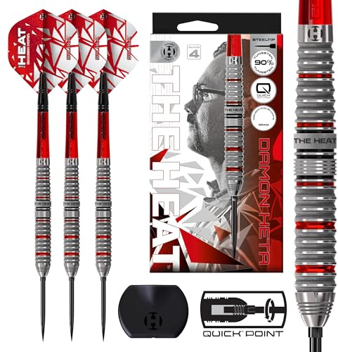 Harrows Damon Heta 90% Tungsten Darts Series 4, Steel Tip Darts Set With Quick Point System Available in 21g, 23g, 24g & 25g with Quick Point Tool, Red Alamo VS2 Shafts & Silika Flights (23g)