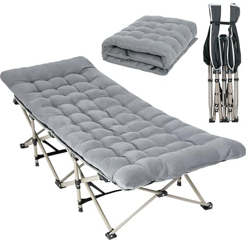 WoldTrek Camping Cot with Thick Pad, Folding Camping Cot Oversize Cots for Sleeping Camping Bed Folding Cot for Camping W/Pilllow Mattress for Home Office Nap Beach Travel, 600LBS (190 * 68CM-Grey)