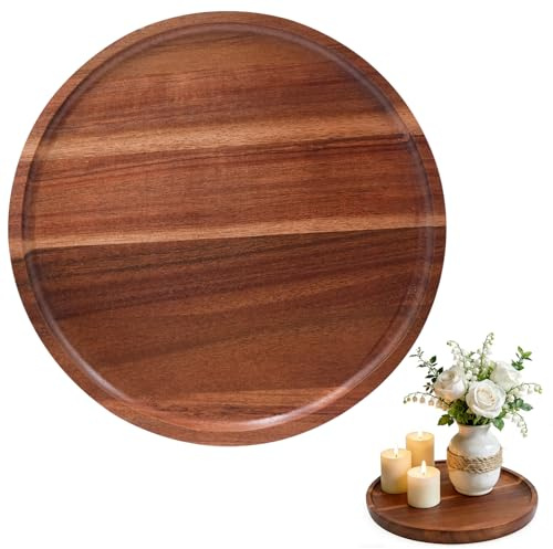 Bandejas Decorativas De Madera Redonda, Bandeja De Madera De Acacia para Velas Y Centro De Mesa, Superficie Lisa para Decoración De Cocina Y Salón, Plato Elegante para Café Y Exhibición