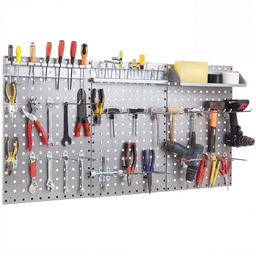 COSTWAY 120 x 60cm Pegboard Organizer Kit, Wall Mounted Tool Rack with 3 Pegboards & 28 PCS Hanging Accessories, Garage Tool Storage Pegboard for DIY Workshop (Silver)