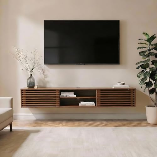IDIMEX Meuble TV Suspendu RIAN 175 cm avec Portes Coulissantes et Niche avec Étagère en Bois Massif Coloris Châtaignier, pour Télévision Jusqu'à 75, Meuble de Rangement pour Salon Moderne