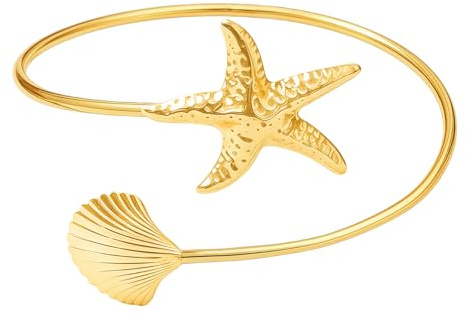 DVOFU 1PC Gold Star Shell Upper Arm Cuff Arm Bracelet with Starfish & Shell Design Dating Performance Jewelry Adjustable Opening Arm Band for Beach Party Festival