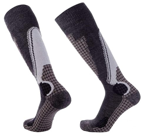 Pure Athlete High Performance Wool Ski Socks - Thermal Warm Merino Wool OTC Sock, Men Women (1 Pair - Black/Grey/Silver, Medium)