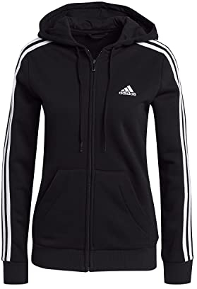 adidas Damen Essentials Fleece 3-Stripes Full-Zip Hoodie, Black / White, M
