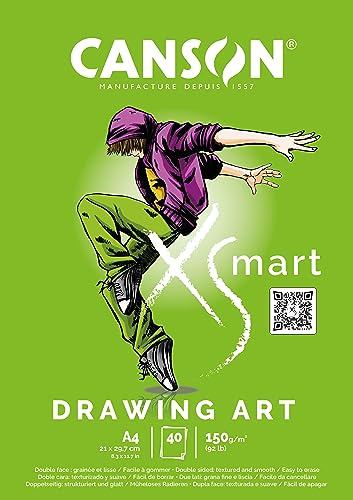 CANSON XSmart, Papel de dibujo blanco, Doble cara: texturizado y suave, 150gsm, Bloc encolado por lado largo, A4-21x29,7cm, Blanco, 40 hojas