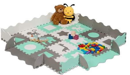 Relaxdays Puzzlematte, 4x4 Baby Spielmatte mit Rand, Formen & Tiere, schadstofffreie Schaumstoffmatte, Kindermatte, bunt