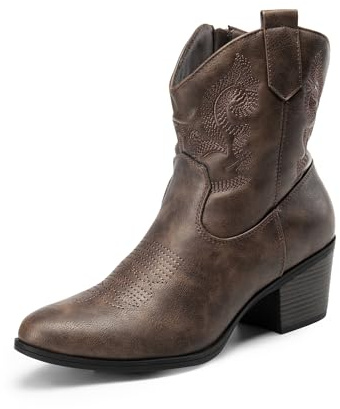 DREAM PAIRS Women's Western Cowboy Cowgirl Embroidered Ankle Boots Fashion Low Chunky Heel Round Toe Fall Short Booties Shoes,Size 6,Brown,SDAB2432W