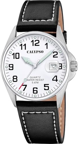 Calypso Orologio Uomo Analogico Cinturino Pelle Nera - Quarzo - Data - Vetro Minerale Resistente - Impermeabile 5 ATM Elegante K5870/1 Basic