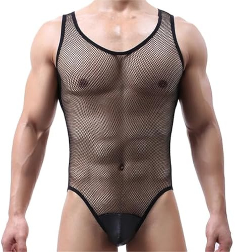 Men's Fishnet Leotard, See Through Sleeveless One Piece Jumpsuit, Sexy Mesh Sheer Fitness Leotard Wrestling Singlet Bodysuit Bulge Pouch Thong Underwear Jumpsuits for Nightwear Rave Club Undershirt