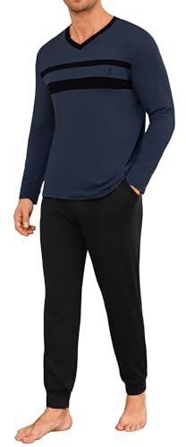 Marvmys Pijama Hombre Invierno Algodón Largo Conjunto Pijama para Hombre Cuello en V de Manga Larga Contraste con Bolsillo