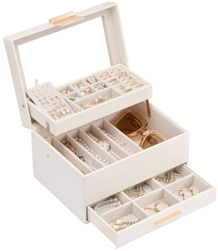 Lolalet Jewelry Box, Clear Window Jewelry Organizer with Drawer for Earrings Bracelets Necklaces Rings, Jewelry Storage for Women -White, 3 Layers
