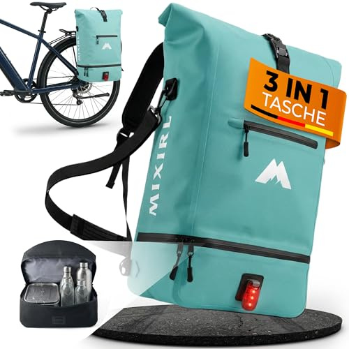 MIXIRL 3in1 Fahrradtaschen für Gepäckträger mit Rucksack 100% Wasserdicht 30L I Kühlfach I Gepäckträgertasche Reflektierend Laptopfach Tasche fürs Fahrrad (Mint)