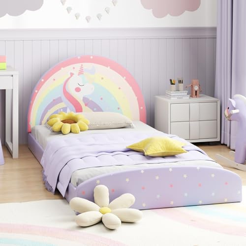 Costzon Twin Floor Bed Frame, Upholstered Kids Bed with 210D Oxford Cloth Floor Mat, Middle Support Slat & Padded Boards, Montessori Floor Bed for 3+ Kids (Purple Rainbow)