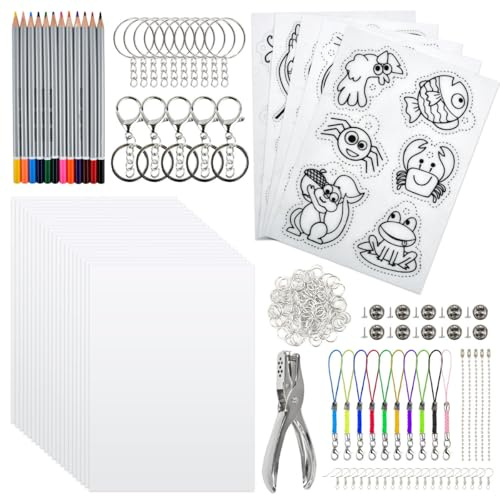 BATINO Lot de 208 films rétractables, 20 papiers rétractables vides, 5 papiers d'art thermorétractables avec motif, perforatrice, crayons de couleur, accessoires porte-clés, film rétractable pour