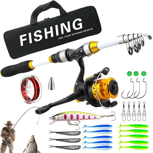 Combo de Bastones de y carretes – Kit de Equipo telescópico con de Transporte – Juego de caña de Pescar | para Agua Salada, Agua Dulce, Hielo, Surf, Muelle, mar, Lago, río, Estanque, Banco