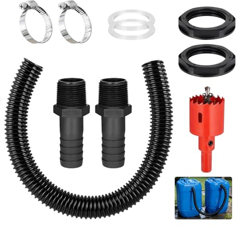 Juego de conectores para barriles de lluvia de 1 pulgada, kit de conexión de 100 cm de manguera de conexión, adecuado para fijación de todos los barriles de agua de lluvia, con boquilla de manguera