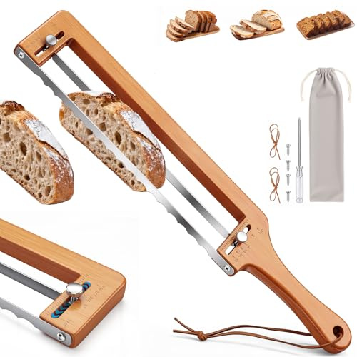 Shulltji Cortador de pan para pan casero, sierra de pan ajustable, cuchillo de pan de madera, cuchillo de panadero de acero inoxidable para pan crujiente de masa madre y baguette
