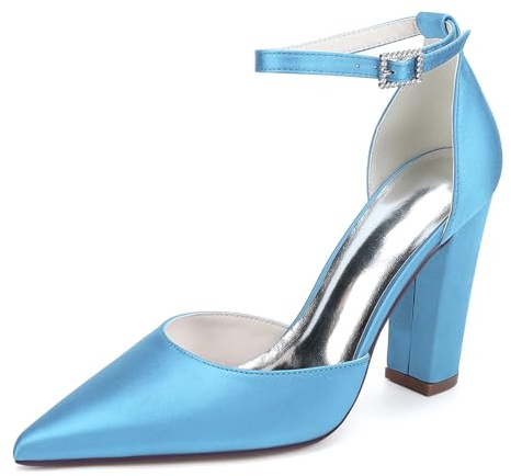 HFWXYSA Escarpins Femme Mariage Satin Chaussures Soiree Bride Cheville Talon Bloc Fermé Chaussures Ceremonie Elégantes Femmes,Sky Blue,39 EU