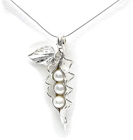 Pea Pod Necklace - 3 Peas White Freshwater Pearls and Sterling Silver - Gift Boxed with Story Card - Each Unique Handmade in USA - 20 Chain