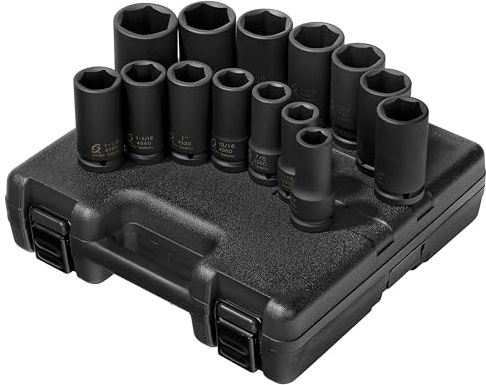 SUNEX TOOLS 4638, 3/4 Inch Drive Deep Impact Socket Set, 14-Piece, SAE, 3/4 - 1-5/8, Cr-Mo Alloy Steel, Radius Corner Design, Dual Size Markings, Heavy Duty Storage Case