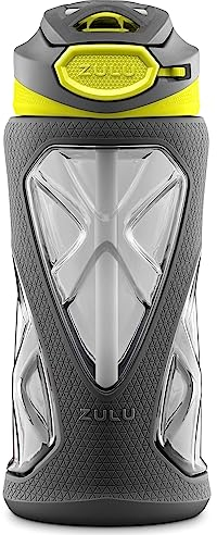 ZULU Torque Kinder-Wasserflasche mit Silikonhülle und auslaufsicherem Klappdeckel, weiche Trageschlaufe für Schulrucksack, Lunchbox, BPA-frei, spülmaschinenfest, 473 ml, Grau/Grün