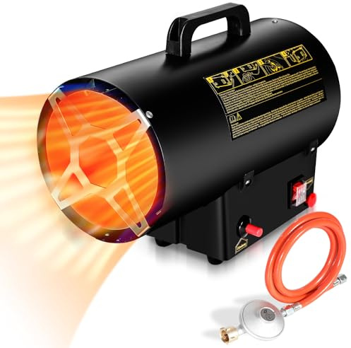 Randaco gasvärmare med tryckregulator, 15 kW, för gasflaska, 700 mbar. Verksam yta: 225 m², gasvärmefläkt för inomhusbruk, byggarbetsplatser, ventilerade förråd, garage osv.