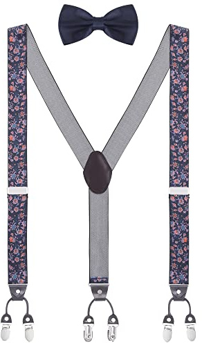 WANYING Hombres Tirantes & Pajarita Juego 2 en 1, Tirantes en Forma Y 3,5 cm de Ancho 6 Clips Muy Elástico Longitud Ajustable - E02 Flores & Azul vaquero con 1 pajarita