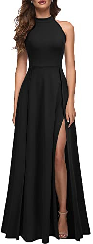 MUSHARE Vestido largo formal para mujer, cuello halter, sexi, con abertura, para cóctel, fiesta