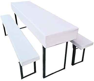 Bierzeltgarnitur Auflage (3er Set) aus 1x Tischdecke und 2X Bierbankhussen. Größe und Farben wählbar. (110 x 60 cm, Weiß)