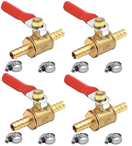 GOIYZTTR 4 Stück 8mm Kugelventil aus Messing mit Widerhaken Kugelhahn Absperrventil mit 8 Stück Klemmen für Luft Gas Kraftstoffleitung Absperrung