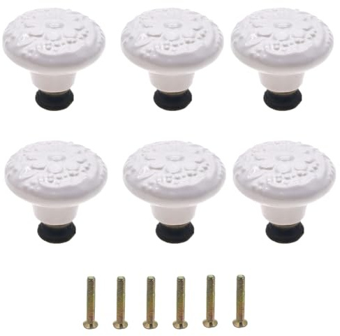 Mimhooy 6Pcs White Ceramic Knobs, Timeless Floral Cabinet & Cupboard Knobs